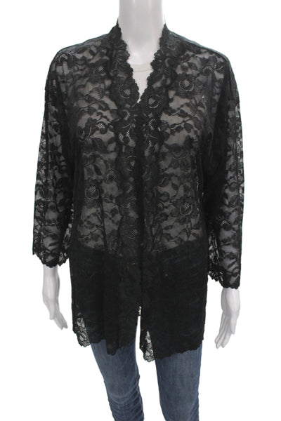 Natori Women Black Kimono Blouse V-Neck 3/4 Sleeve Floral Lace Button Size S