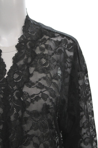 Natori Women Black Kimono Blouse V-Neck 3/4 Sleeve Floral Lace Button Size S