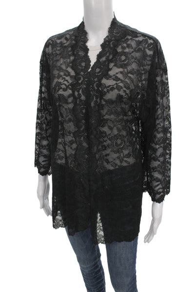 Natori Women Black Kimono Blouse V-Neck 3/4 Sleeve Floral Lace Button Size S