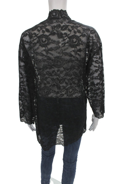 Natori Women Black Kimono Blouse V-Neck 3/4 Sleeve Floral Lace Button Size S