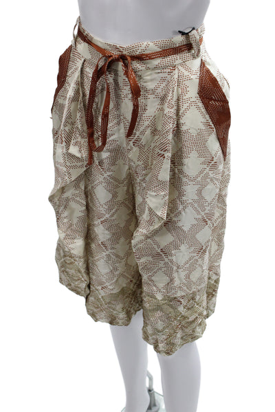 Zara Womens Cropped Drawstring Geometric Viscose Bohemian Beige Pants Size M