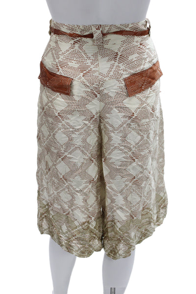 Zara Womens Cropped Drawstring Geometric Viscose Bohemian Beige Pants Size M