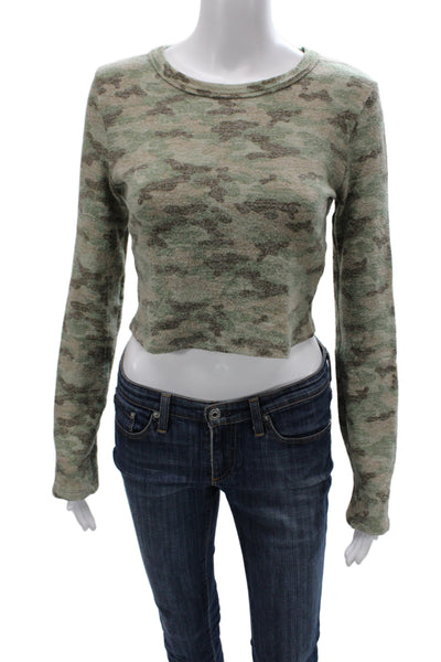 Zara Womens Cropped T-Shirt Green Camouflage Crew Neck Long Sleeve Size L