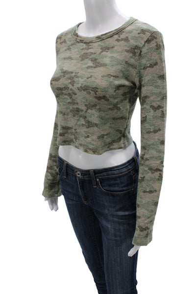 Zara Womens Cropped T-Shirt Green Camouflage Crew Neck Long Sleeve Size L