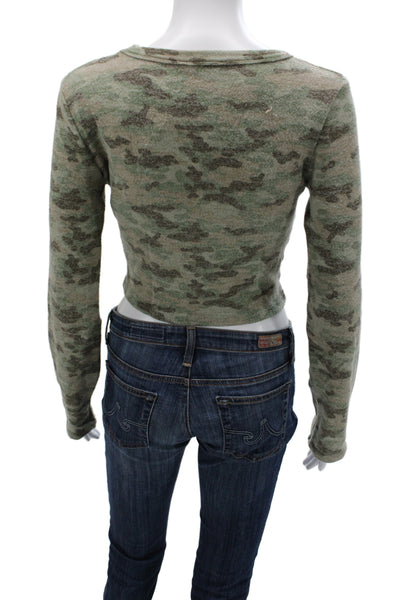 Zara Womens Cropped T-Shirt Green Camouflage Crew Neck Long Sleeve Size L