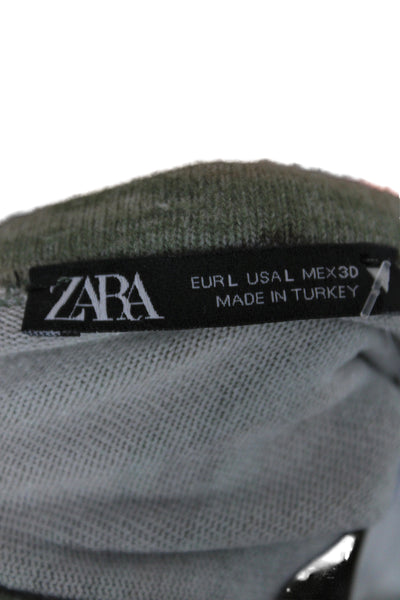 Zara Womens Cropped T-Shirt Green Camouflage Crew Neck Long Sleeve Size L