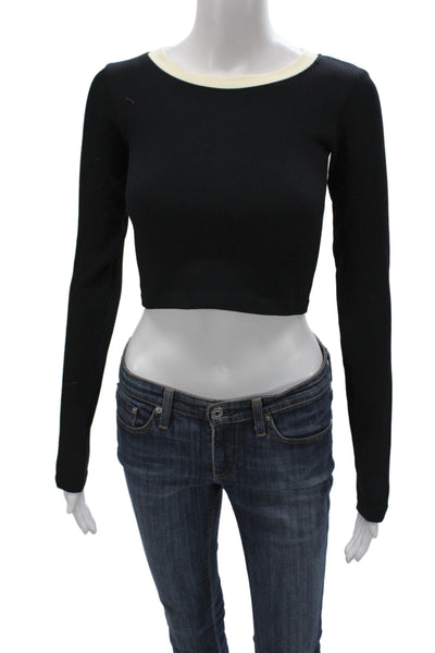 Zara Women Cropped Black Long Sleeve T-Shirt Round Neck Size M