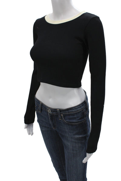 Zara Women Cropped Black Long Sleeve T-Shirt Round Neck Size M