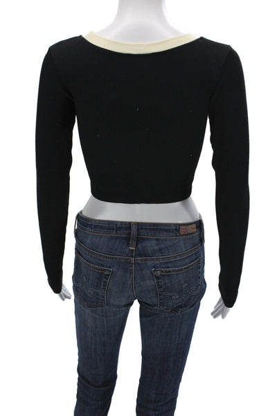 Zara Women Cropped Black Long Sleeve T-Shirt Round Neck Size M