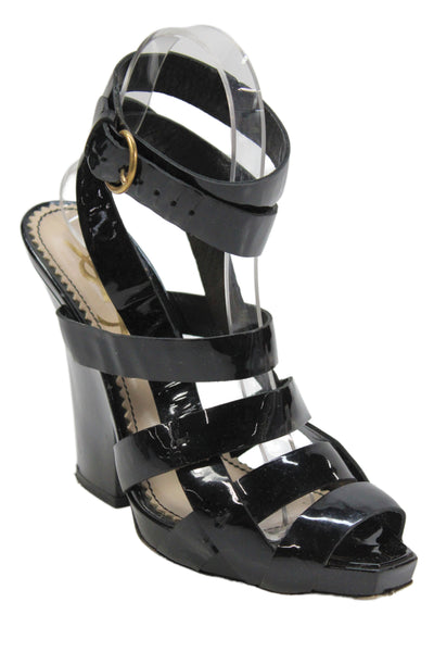 YSL Womens Rive Gauche Patent Leather High Block Heel Sandals Black Size 7
