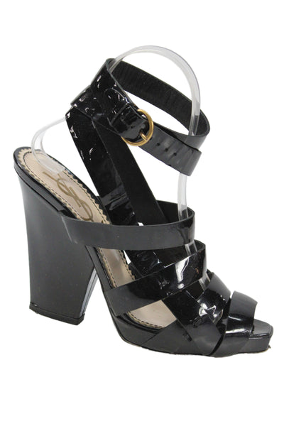 YSL Womens Rive Gauche Patent Leather High Block Heel Sandals Black Size 7