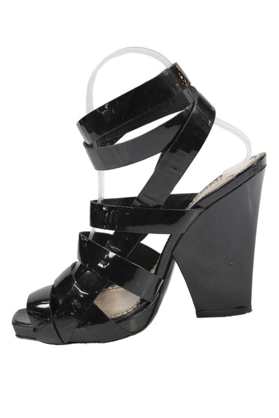 YSL Womens Rive Gauche Patent Leather High Block Heel Sandals Black Size 7