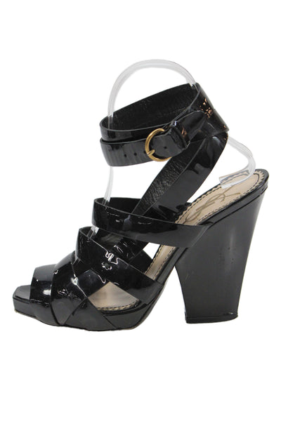 YSL Womens Rive Gauche Patent Leather High Block Heel Sandals Black Size 7