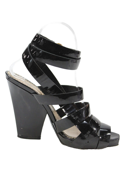 YSL Womens Rive Gauche Patent Leather High Block Heel Sandals Black Size 7