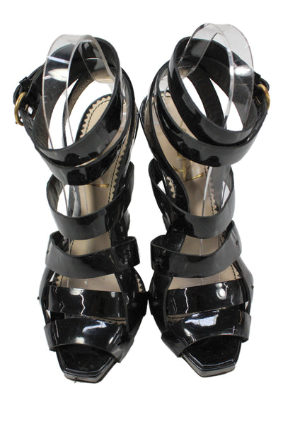 YSL Womens Rive Gauche Patent Leather High Block Heel Sandals Black Size 7