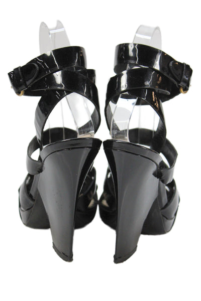 YSL Womens Rive Gauche Patent Leather High Block Heel Sandals Black Size 7