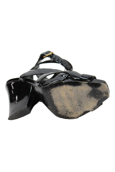 YSL Womens Rive Gauche Patent Leather High Block Heel Sandals Black Size 7
