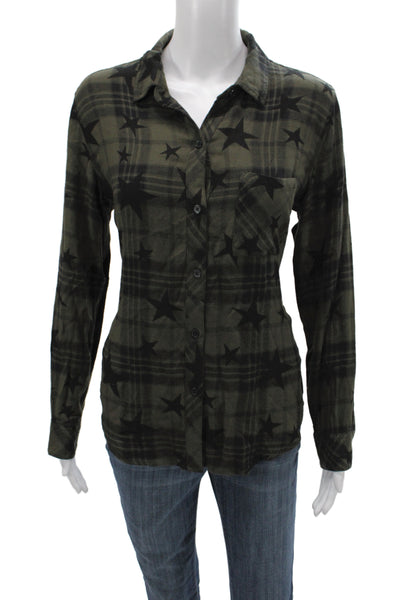 Rails Women Basic Button-Up Collared Plaid Black Long Sleeve Rayon Stars Size S