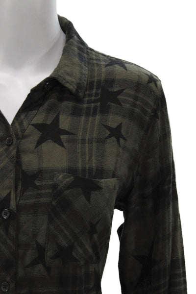 Rails Women Basic Button-Up Collared Plaid Black Long Sleeve Rayon Stars Size S