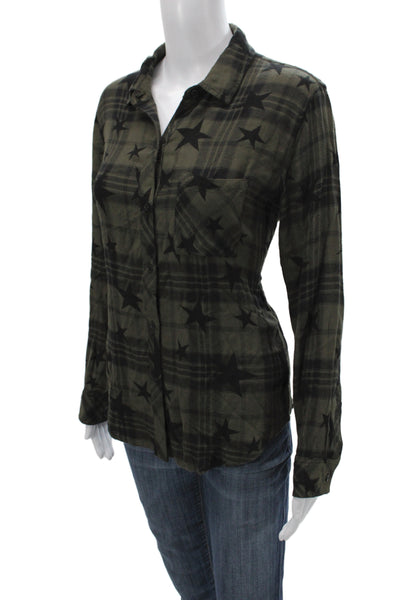 Rails Women Basic Button-Up Collared Plaid Black Long Sleeve Rayon Stars Size S