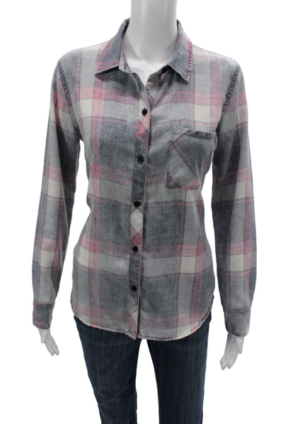 Rails Womens Collared Plaid Button-Up Long Sleeve Top Blue Size S