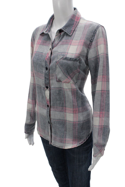 Rails Womens Collared Plaid Button-Up Long Sleeve Top Blue Size S