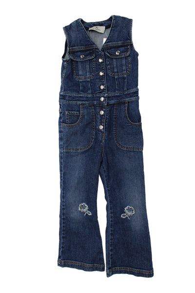 Etro Girls Blue Floral Overall V-Neck Sleeveless Button 98% Cotton Size 6
