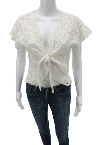 Tularosa Women Cropped White Cotton V Neck Tie Short Sleeve Boho Blouse Size M
