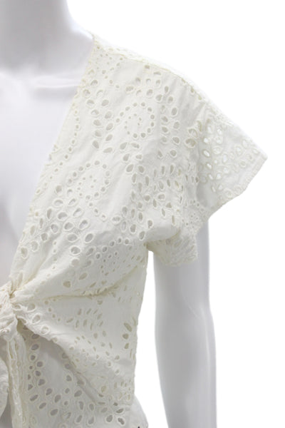 Tularosa Women Cropped White Cotton V Neck Tie Short Sleeve Boho Blouse Size M