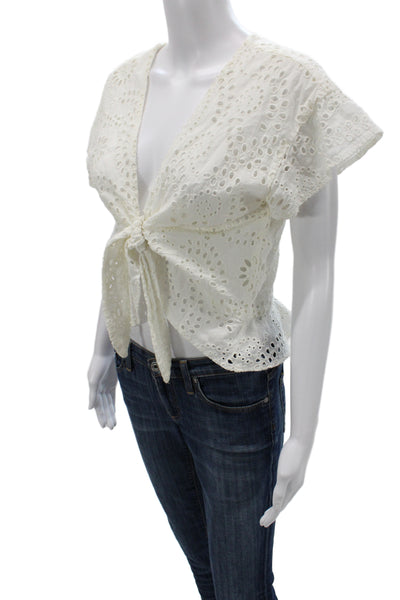Tularosa Women Cropped White Cotton V Neck Tie Short Sleeve Boho Blouse Size M