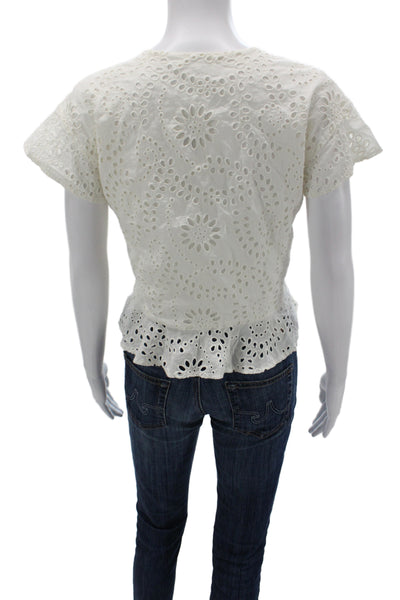 Tularosa Women Cropped White Cotton V Neck Tie Short Sleeve Boho Blouse Size M