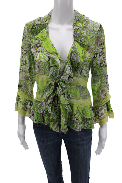Brighton Women V-Neck Paisley Tunic 3/4 Sleeve Green Polyester Size 40