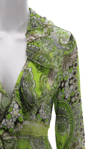 Brighton Women V-Neck Paisley Tunic 3/4 Sleeve Green Polyester Size 40