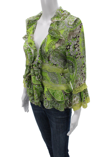 Brighton Women V-Neck Paisley Tunic 3/4 Sleeve Green Polyester Size 40