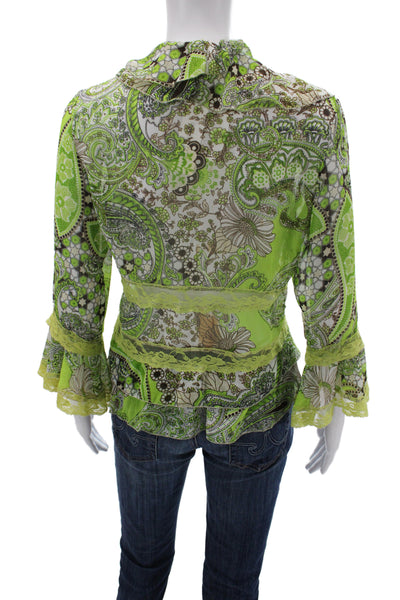 Brighton Women V-Neck Paisley Tunic 3/4 Sleeve Green Polyester Size 40