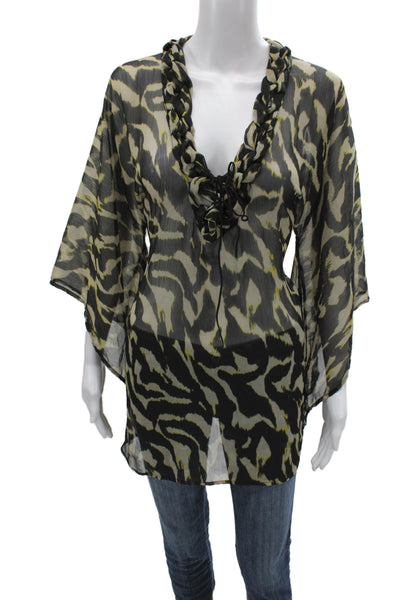 Alberto Makali Women Animal Print V-Neck Tunic Blouse Black 3/4 Sleeve Size L