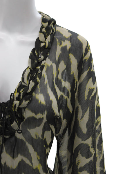 Alberto Makali Women Animal Print V-Neck Tunic Blouse Black 3/4 Sleeve Size L