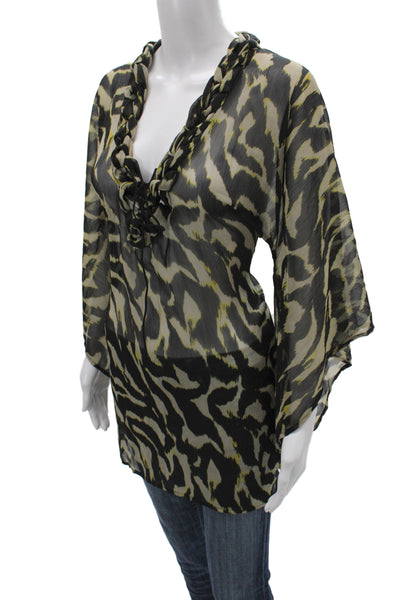 Alberto Makali Women Animal Print V-Neck Tunic Blouse Black 3/4 Sleeve Size L