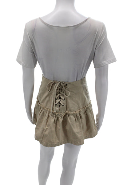 Free People Womens Boho Herringbone Lace Up Mini Skirt Beige 100% Cotton Size 0