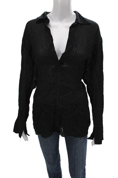 Zara Women Striped Collared Tunic Blouse Black Long Sleeve Size S