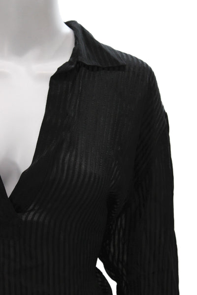 Zara Women Striped Collared Tunic Blouse Black Long Sleeve Size S
