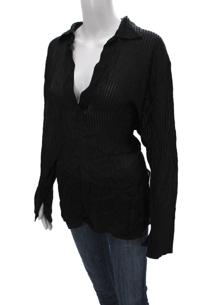 Zara Women Striped Collared Tunic Blouse Black Long Sleeve Size S