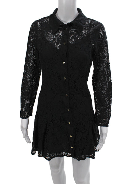 Zara Women Black Collared Shirt Dress Long Sleeve Button Lace Size L