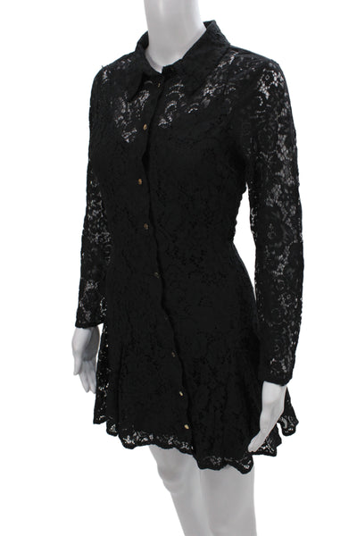 Zara Women Black Collared Shirt Dress Long Sleeve Button Lace Size L
