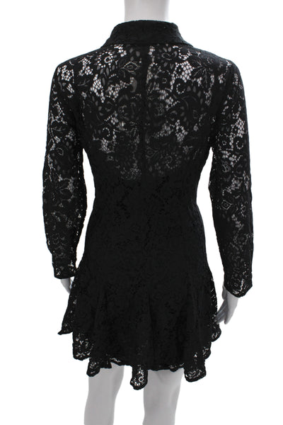 Zara Women Black Collared Shirt Dress Long Sleeve Button Lace Size L