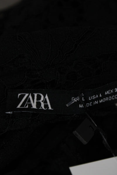 Zara Women Black Collared Shirt Dress Long Sleeve Button Lace Size L