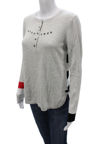 Lisa Todd Women Gray Striped Long Sleeve Henley Sweater 100% Cotton Size S