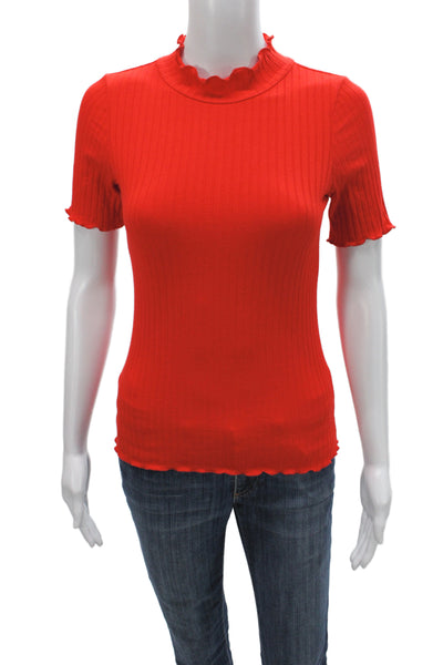 LNA Women Red Mock Neck Short Sleeve Basic T-Shirt Rayon Size S