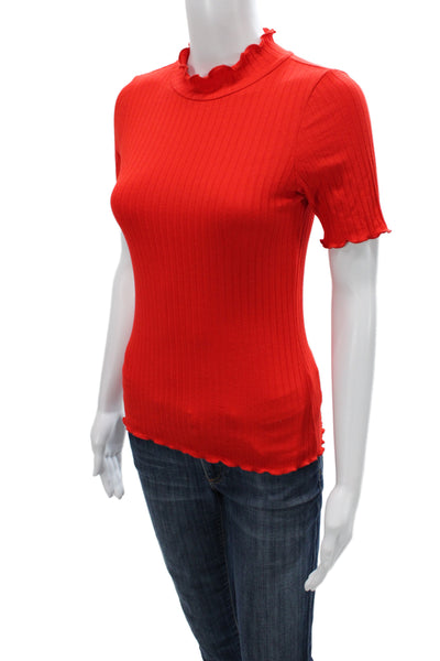 LNA Women Red Mock Neck Short Sleeve Basic T-Shirt Rayon Size S
