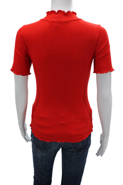 LNA Women Red Mock Neck Short Sleeve Basic T-Shirt Rayon Size S